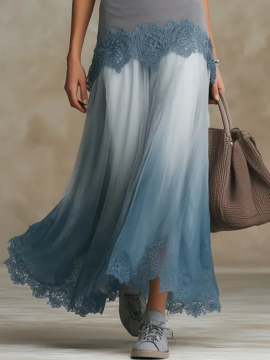 Elegant Printing Ombre Lace Edge Maxi Skirt