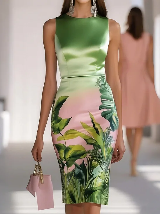 Elegant Floral Printing Crew Neck Knee Length Dress