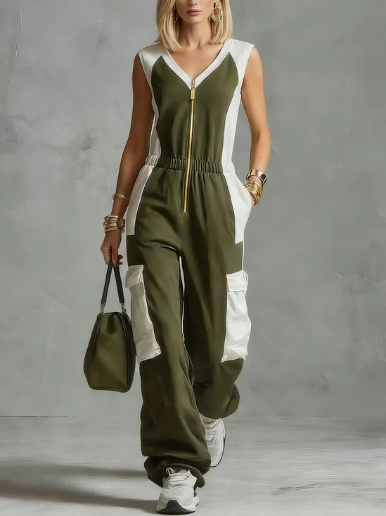 Casual Split Joint Color Block V Neck Jumpsuit