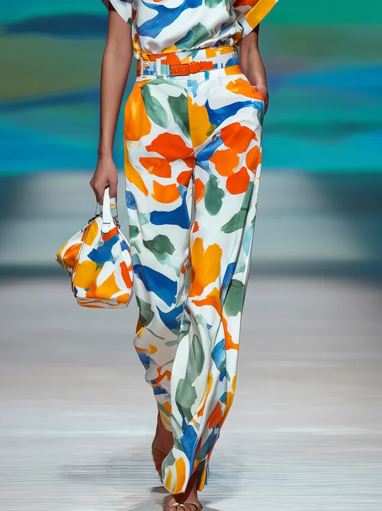 Vacation Geometric Printing Wide Leg Pants Belt