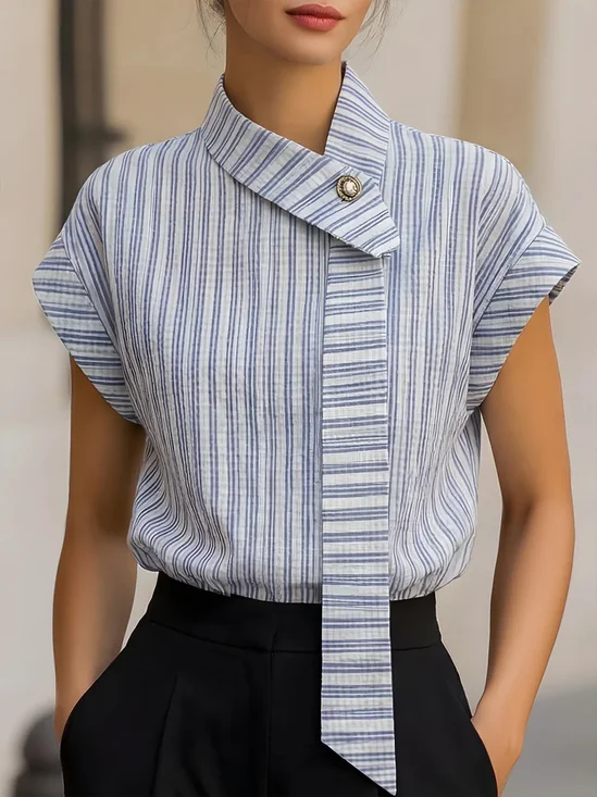 Urban Striped Printing Tie Neck Blouse