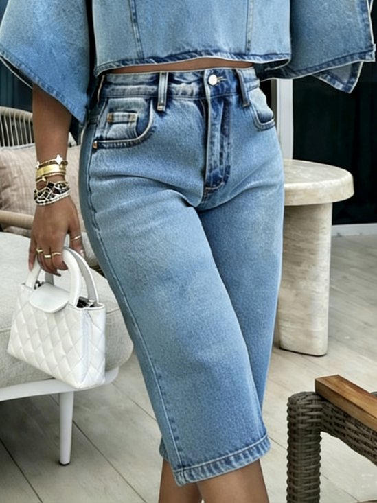 Plain Casual Denim Shorts