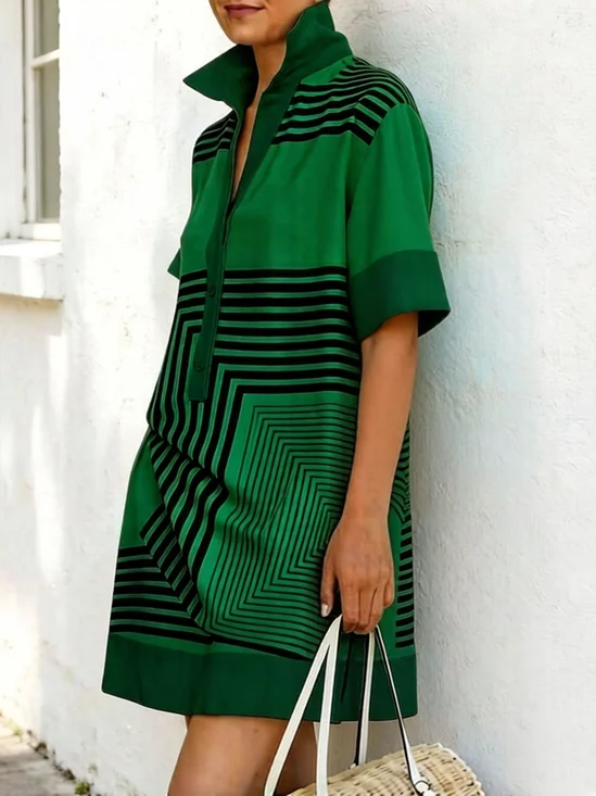 Casual Geometric Buttoned Shawl Collar Mini Dress
