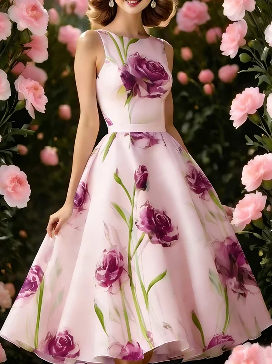 Elegant Floral Printing Crew Neck Midi Party Dress