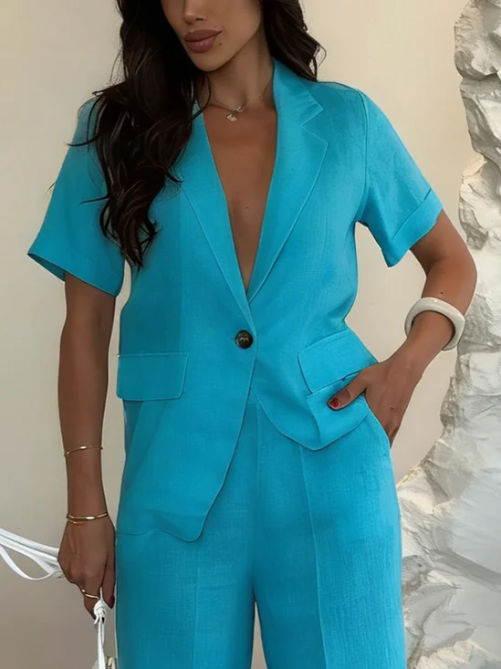 Urban Cotton And Linen Buttoned Plain Lapel Collar Blazer