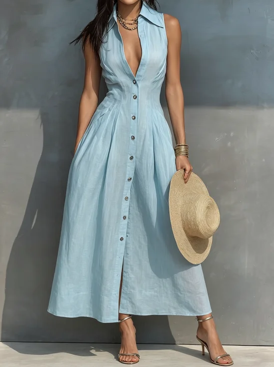 Urban Plain Shirt Collar Cotton And Linen Maxi Dress