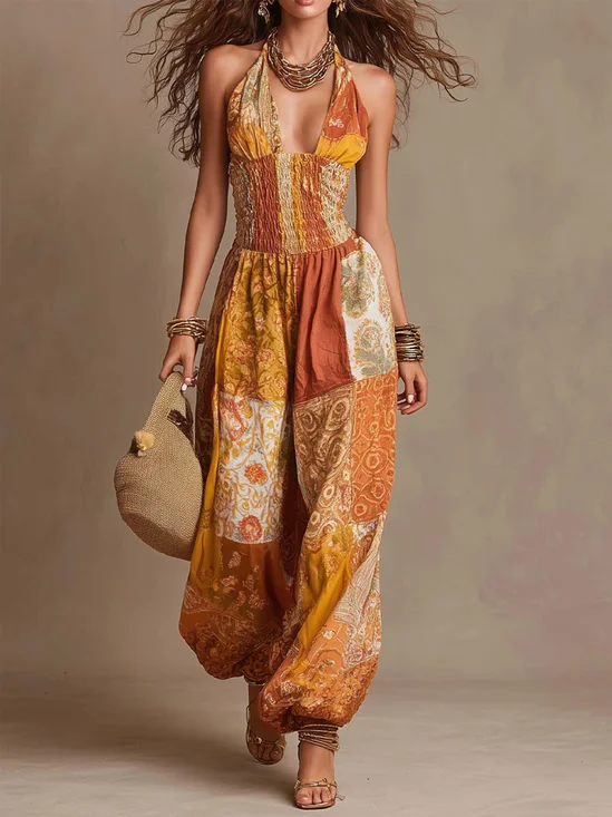 Vacation Printing Ethnic V Neck Tank Jumpsuit
