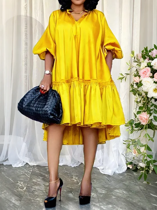 Elegant Plain Puff Sleeve Ruched Stand Collar Midi Dress