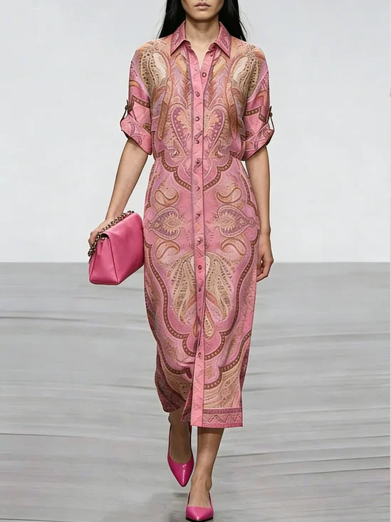 Urban Ethnic Buttoned Shirt Collar Midi Dress