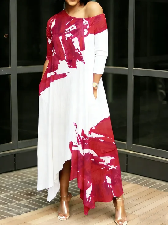 Casual Random Print Printing Crew Neck Maxi Dress