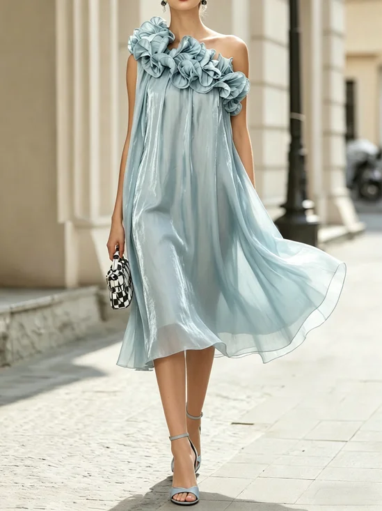 Elegant Plain Peplum Asymmetrical Midi Dress