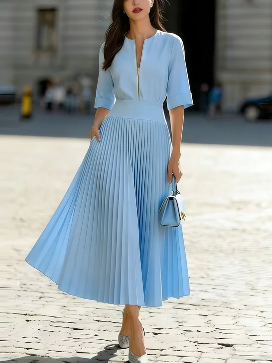 Urban Plain Pleated Crew Neck Midi Dress