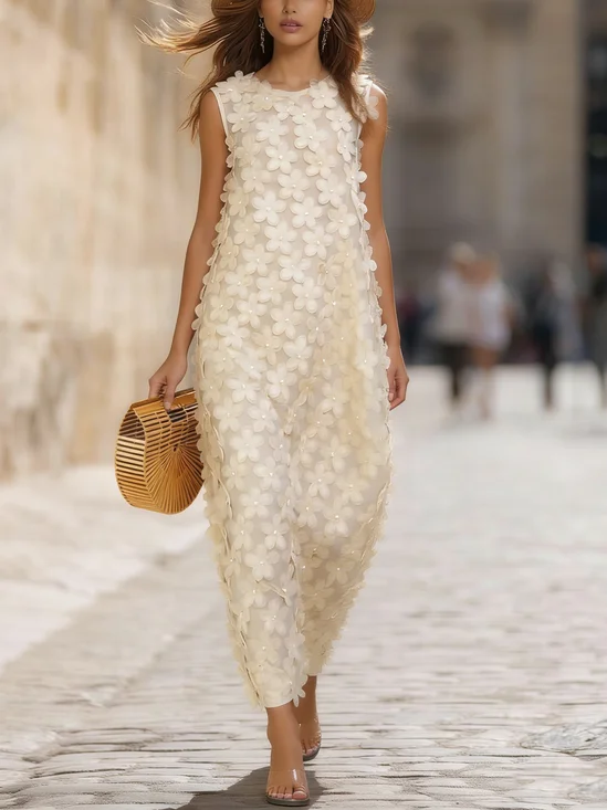 Elegant Plain 3D Floral Crew Neck Maxi Dress