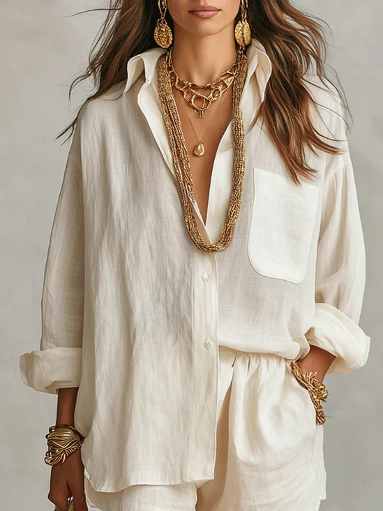 Cotton Casual Plain Shirt Collar Shirt