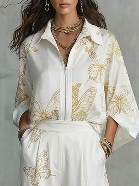 Casual Butterfly Printing Shawl Collar Shirt
