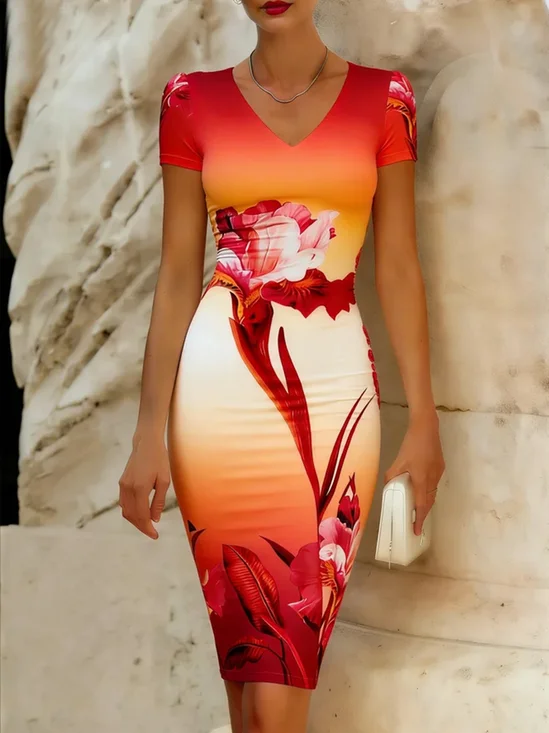Elegant Floral Printing V Neck Knee Length Dress