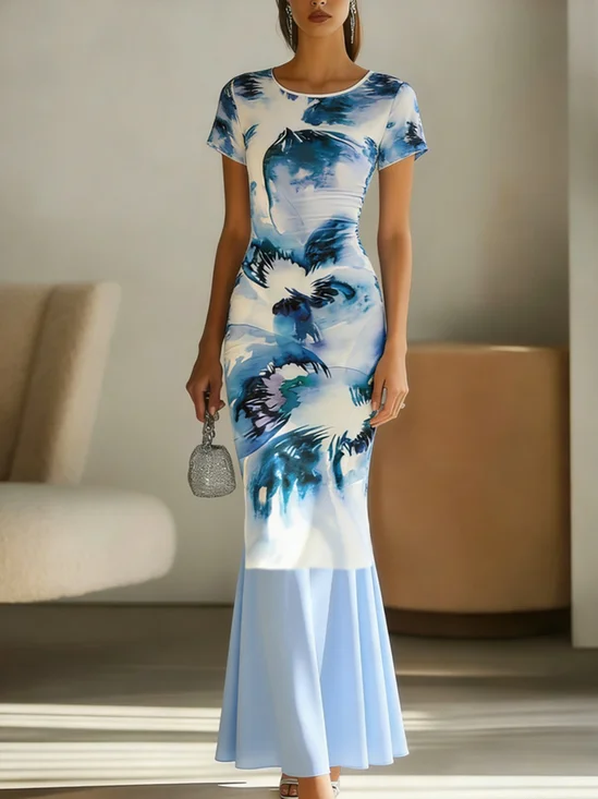 Casual Floral Printing Crew Neck Maxi Dress