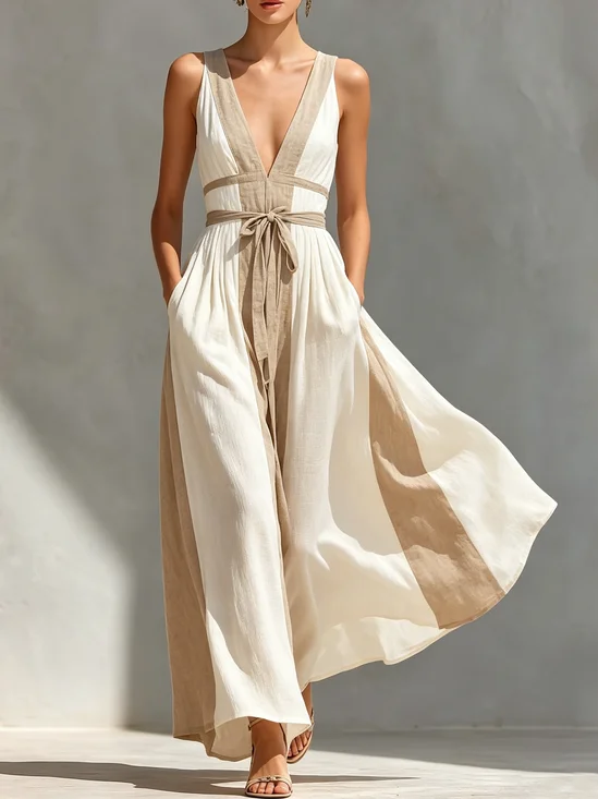 Urban Color Block V Neck Cotton And Linen Maxi Dress With Belt