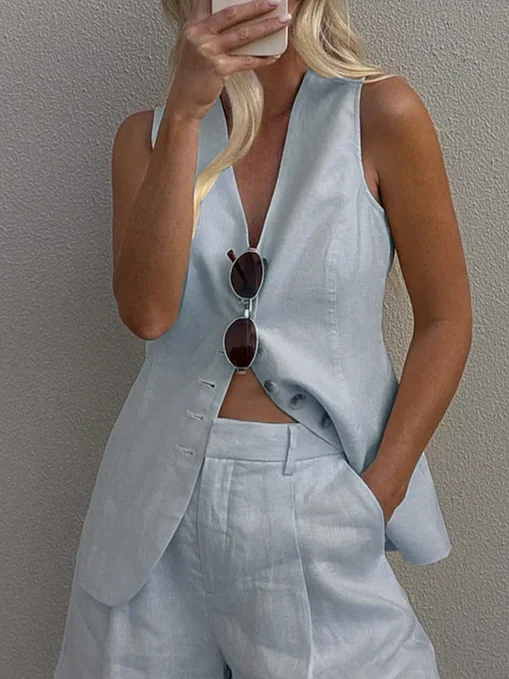 Casual Buttoned Plain V Neck Vest