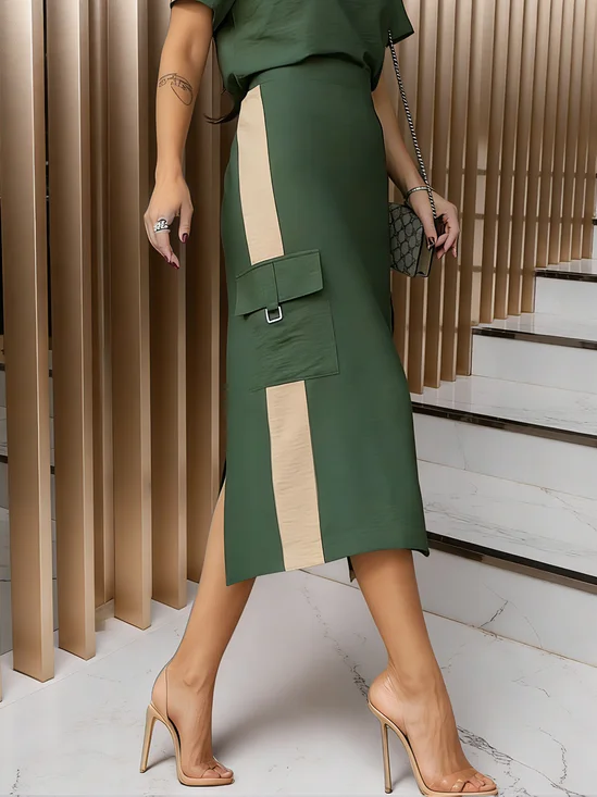 Urban Slit Color Block Midi Skirt