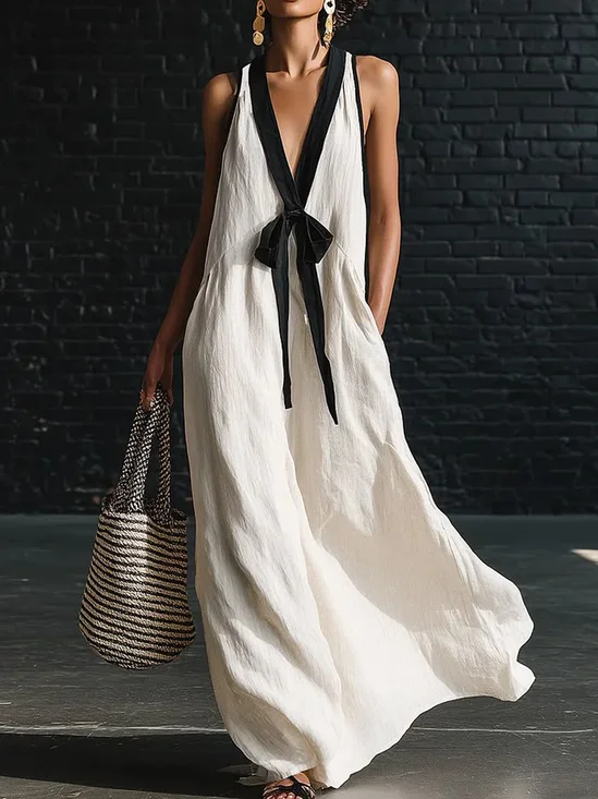 Casual Color Block V Neck Cotton And Linen Maxi Dress