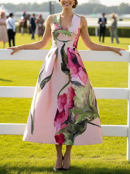 Elegant Floral Printing V Neck Midi Dress