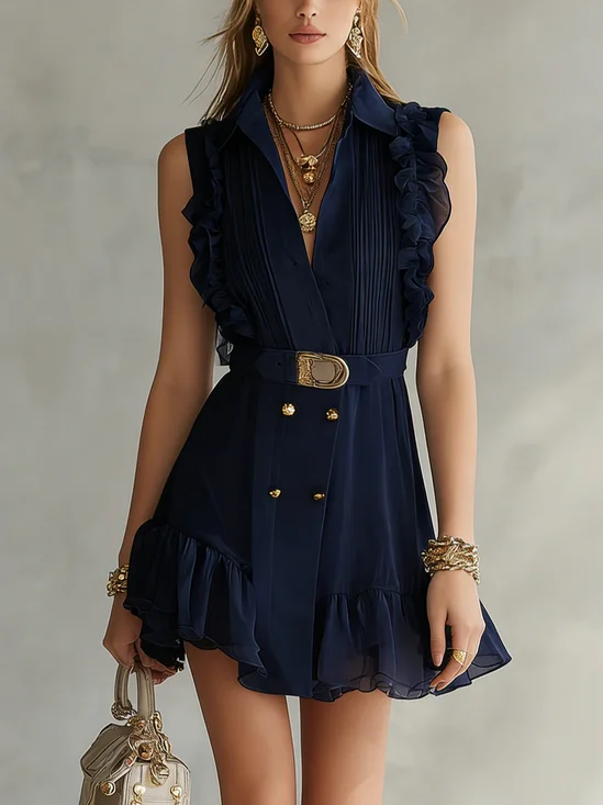 Elegant Plain Buttoned V Neck Mini Dress With Belt