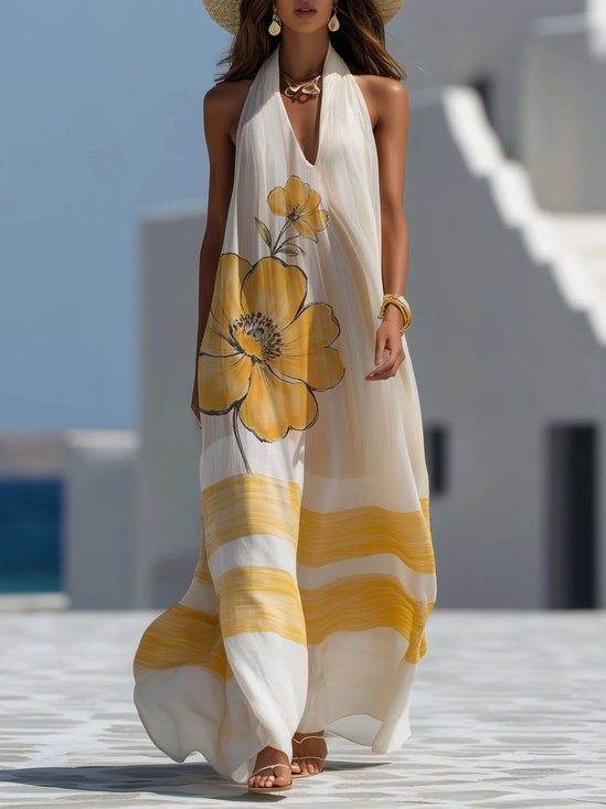 Vacation Floral Halter Neck Maxi Dress