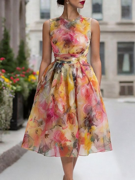 Elegant Floral Crew Neck Midi Dress