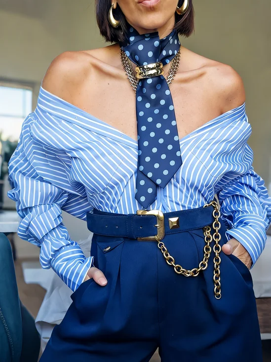 Urban Striped Printing Shirt Collar Shirt With Tie