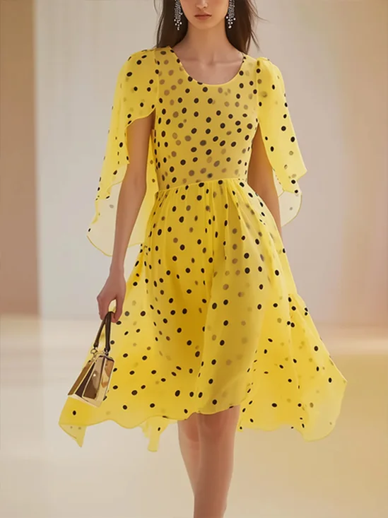 Elegant Polka Dots Printing Crew Neck Knee Length Dress