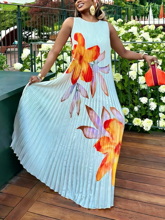 Vacation Floral Printing Crew Neck Maxi Dress