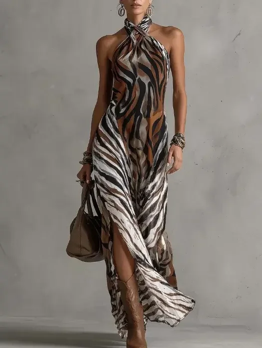 Vacation Animal Print Halter Neck Maxi Dress