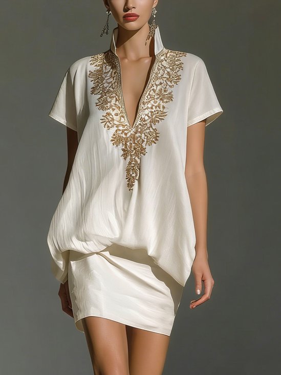 Elegant Ethnic Embroidery Stand Collar Mini Dress