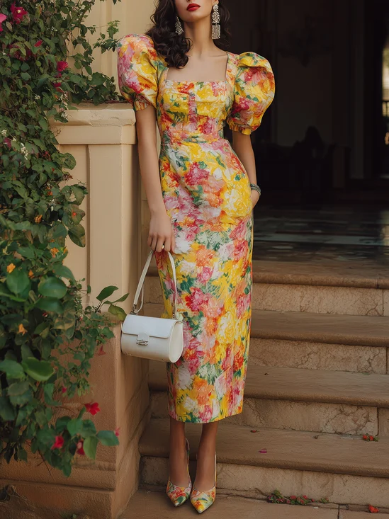 Urban Floral Square Neck Midi Dress