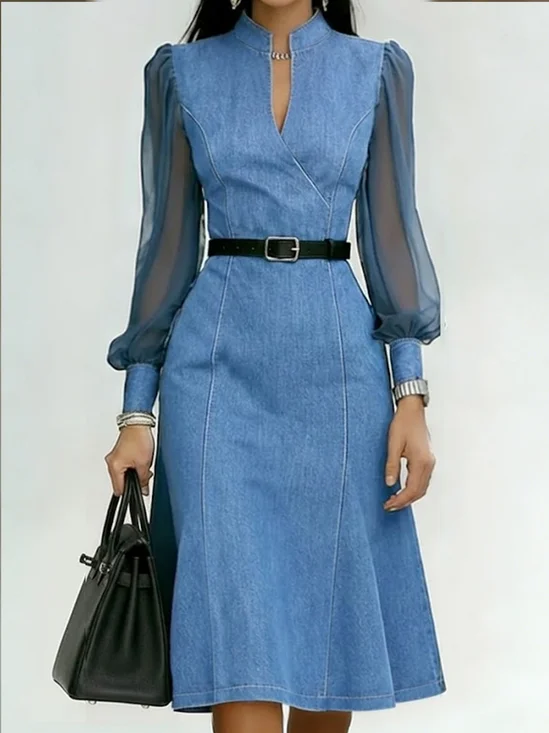 Denim Urban Plain Split Joint Cross Neck Midi Dress No Belt