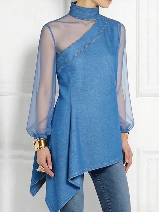 Urban Plain Split Joint Mock Neck Denim Top