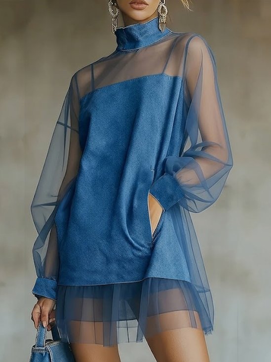 Urban Plain Balloon Sleeve Split Joint Mock Neck Denim Mini Dress