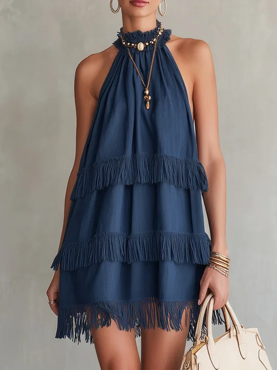 Vacation Plain Tassel Stand Collar Mini Dress