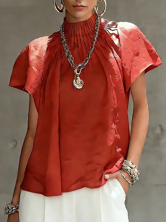 Satin Urban Plain Stand Collar Blouse