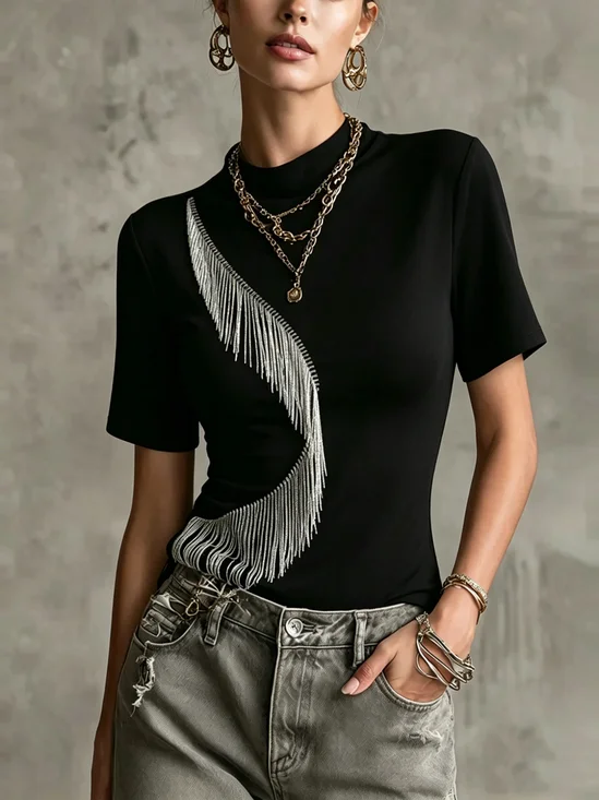 Cotton Urban Plain Tassel Crew Neck T-shirt