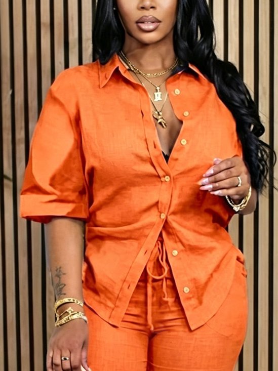 Cotton Casual Plain Buttoned Shirt Collar Shirt