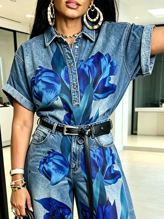 Denim Casual Floral Printing Shirt Collar Shirt