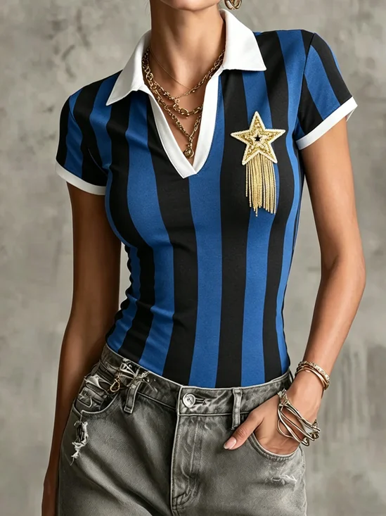 Casual Striped Shirt Collar Blouse