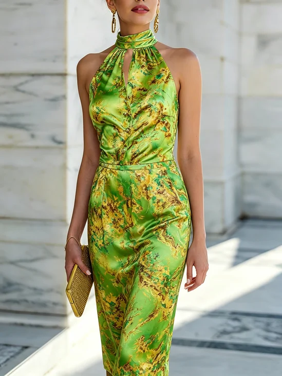 Elegant Random Print Printing Halter Neck Knee Length Dress