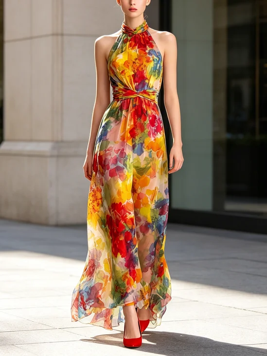 Elegant Random Print Printing Halter Neck Maxi Dress