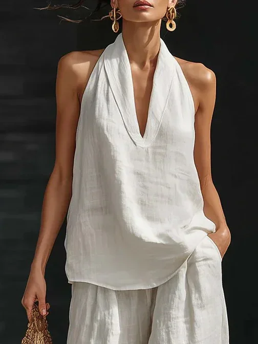 Cotton Casual Plain Halter Neck Blouse