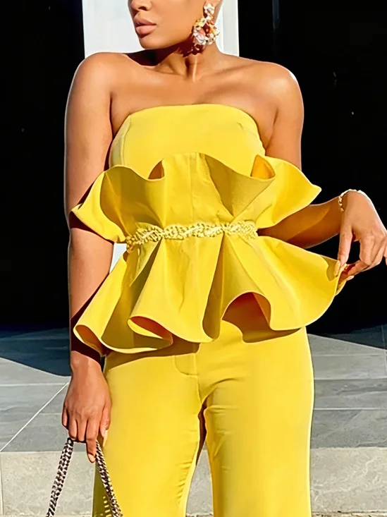 Elegant Plain Peplum Strapless Blouse With Belt