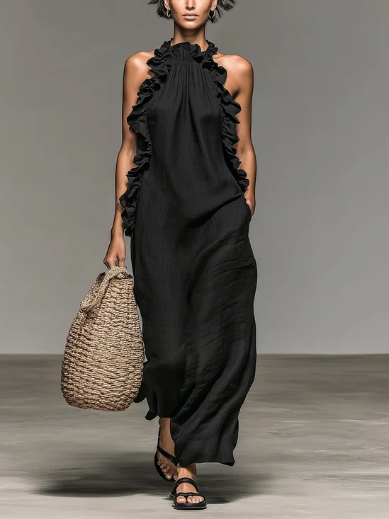 Cotton And Linen Casual Plain Peplum Halter Neck Maxi Dress
