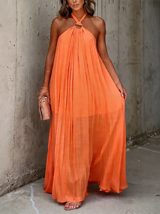Vacation Plain Halter Neck Maxi Dress
